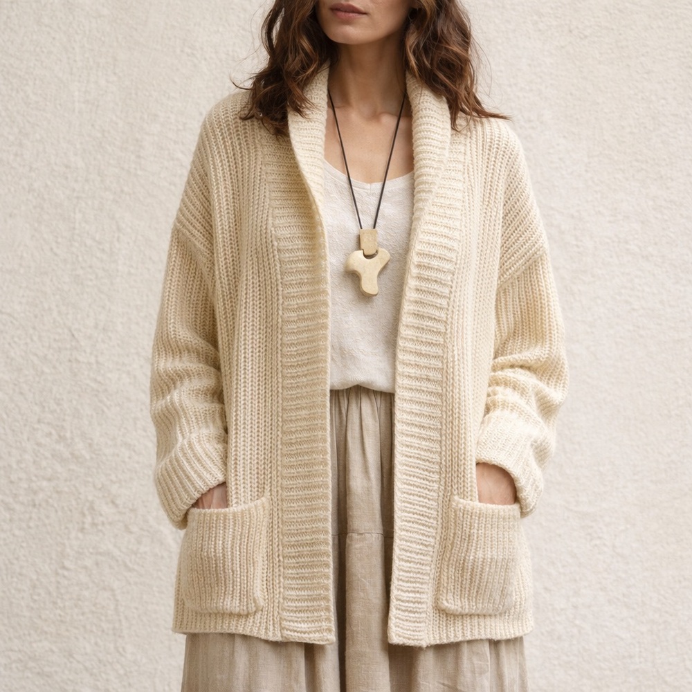 Vintage LeRoy Knitwear Cream Chunky Open Cardigan Shawl Collar USA
